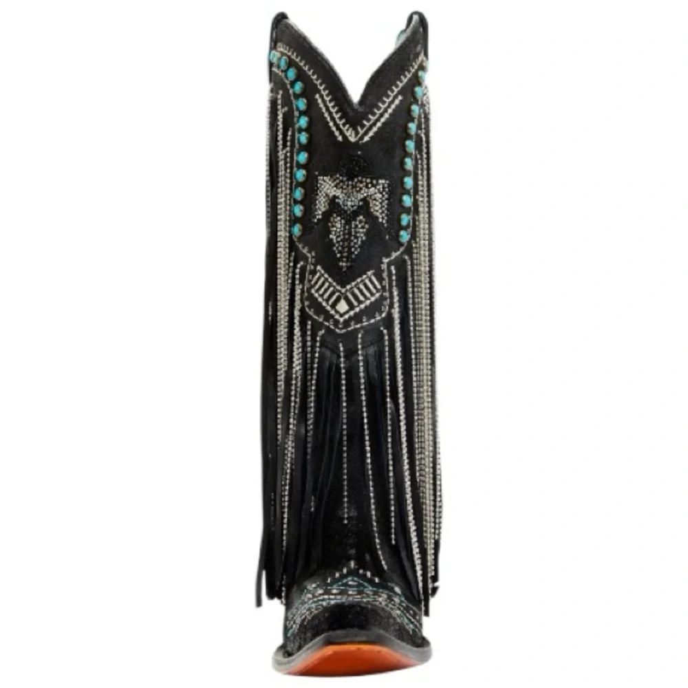 CORRAL EMBROIDERED AND CRYSTAL Black and Turquoise Eagle FRINGE WESTERN BOOTS - Picture 6 of 16